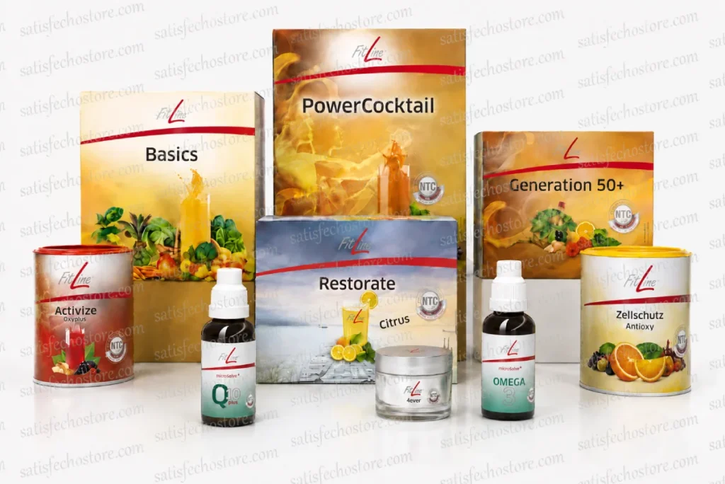 Selección de productos FitLine, entre ellos PowerCocktail, Restorate y Activize