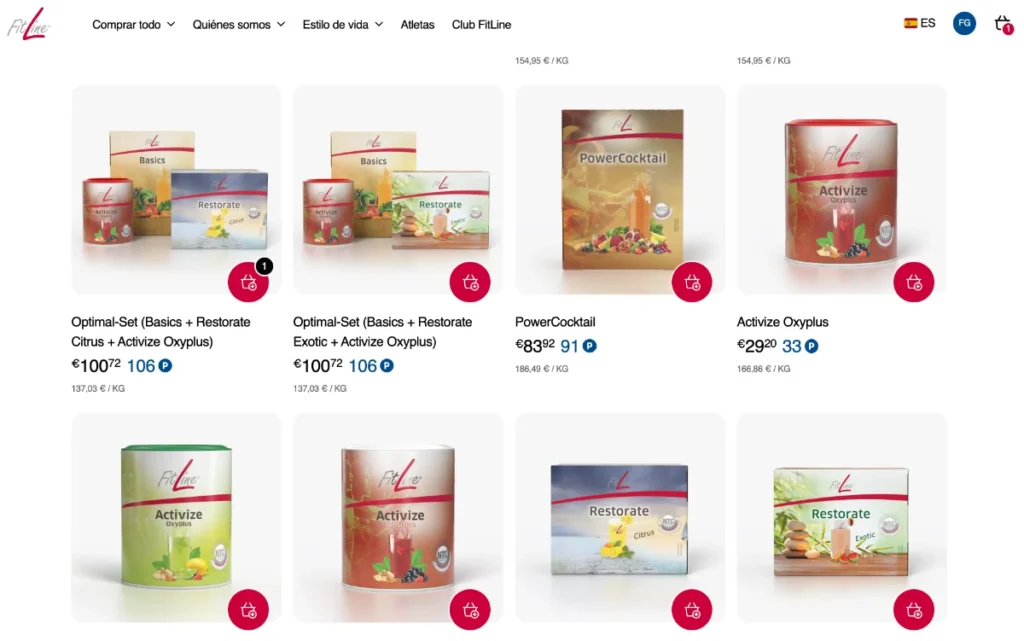 Catálogo de la tienda oficial de FitLine con productos como Activize y Optimal-Set.