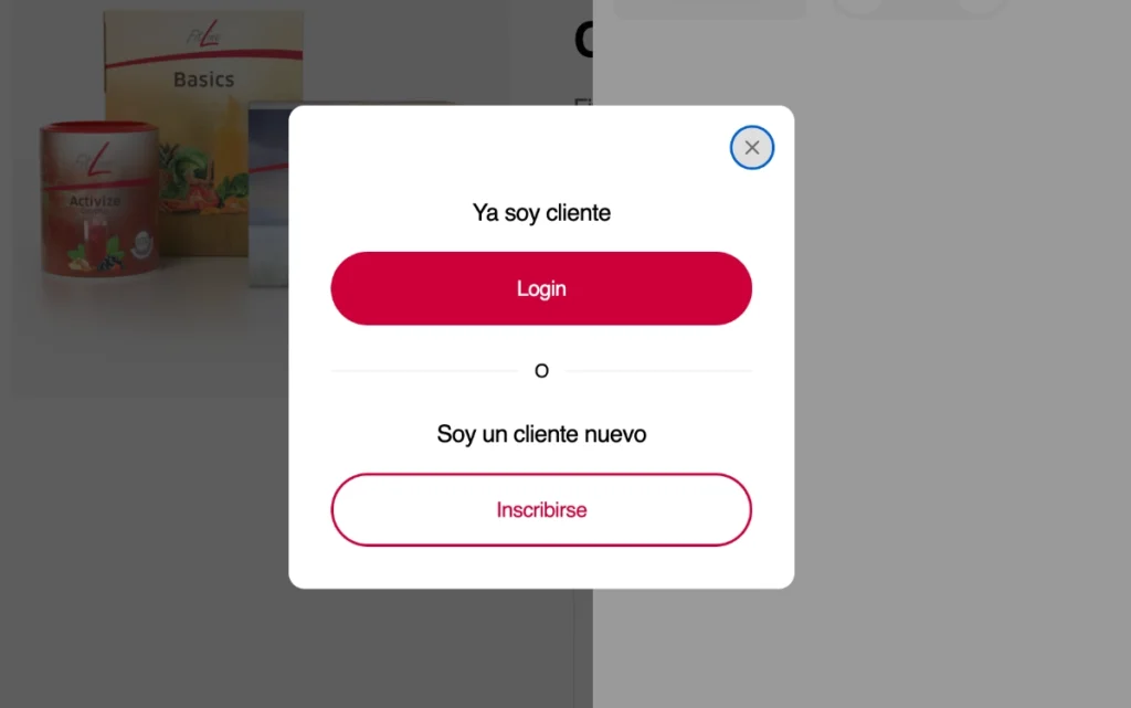 Ventana de registro para clientes nuevos en la web oficial de FitLine.