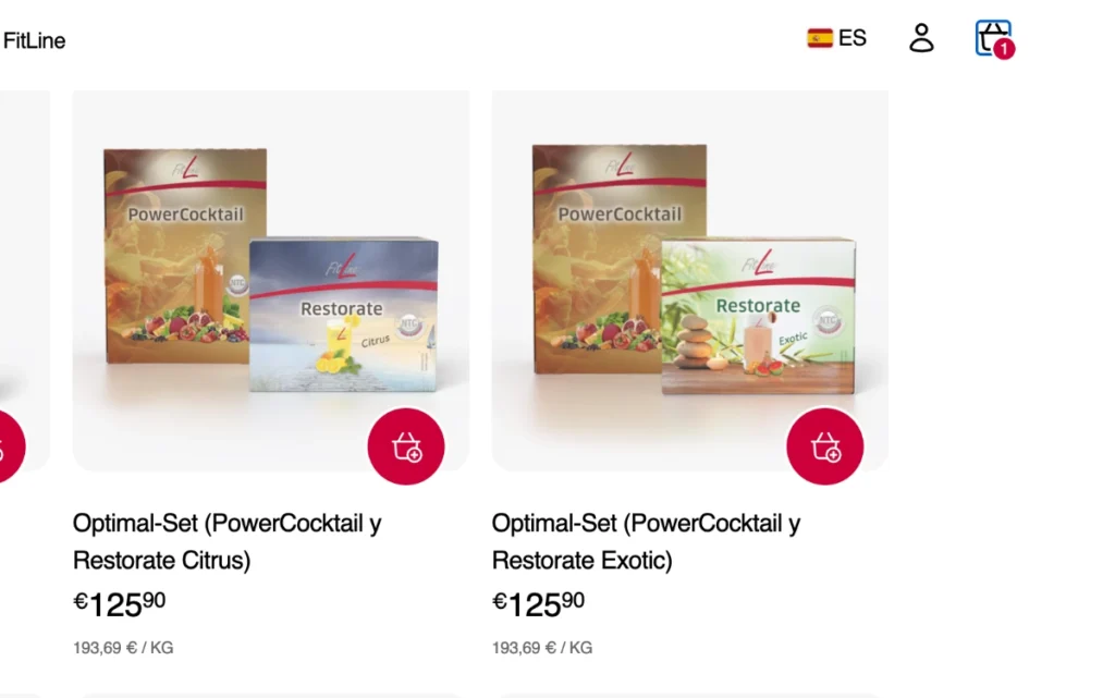 Cesta de la tienda FitLine para revisar los productos antes de finalizar la compra